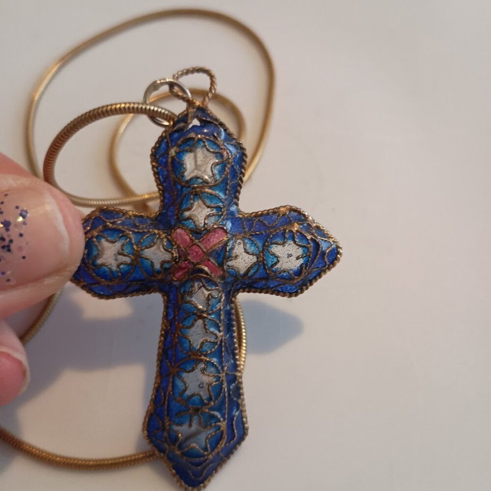Original, Italian, Stain-Glass Cross Necklace and Link/Quality Gold Chain